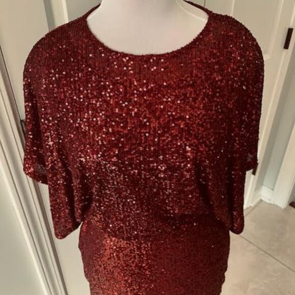 Marina Sequin Boat Neck Dolman Sleeve Blouson Sheath Mini Dress Wine Sz 4 Formal - Picture 5 of 13